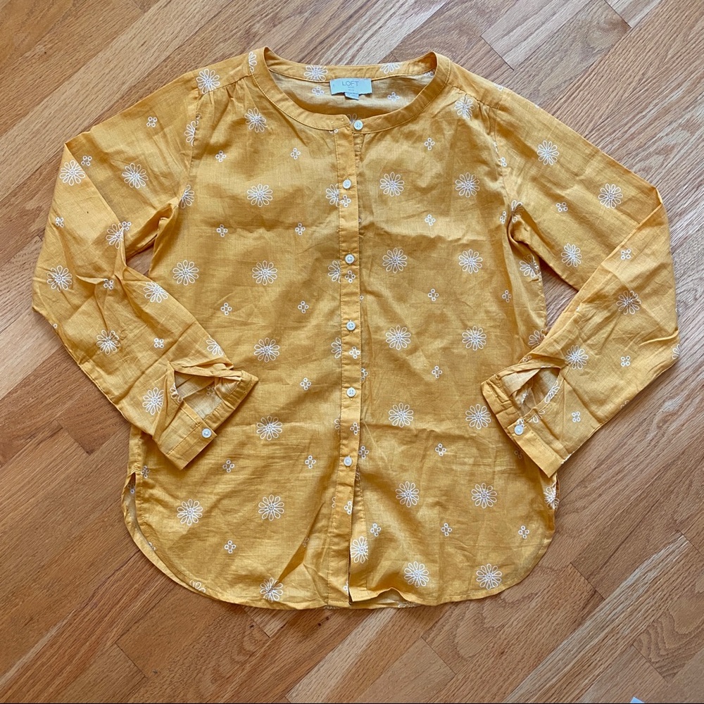 xxsp Ann Taylor 100% cotton yellow floral blouse button up shirt
